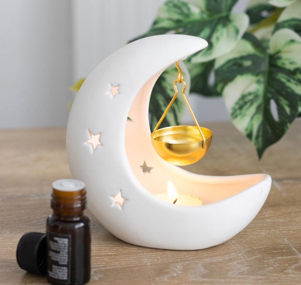 QUEMADOR DE ACEITE COLGANTE DE LUNA CRECIENTE CON PLATO DORADO