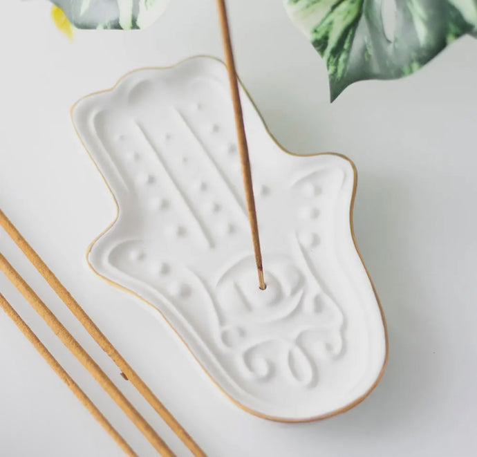 WHITE HAMSA HAND INCENSE STICK HOLDER