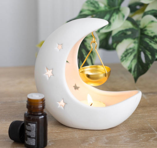 QUEMADOR DE ACEITE COLGANTE DE LUNA CRECIENTE CON PLATO DORADO