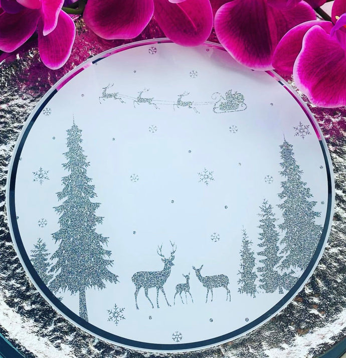 Glass Candle Plate With a Silver Glitter Festive Woodland Scene With Santa Fly Over Design